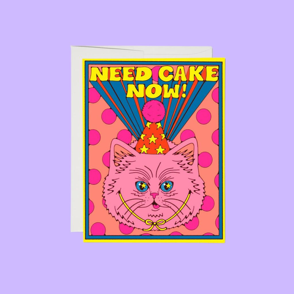 "Need Cake Now" cool cat birthday card by Krista Perry | Redcap Cards | The Lake